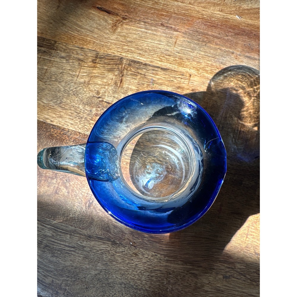 Handblown Frosted Glass Pitcher Blue Hand Painted Floral Bird Cobalt Rim Vtg - Picture 4 of 6